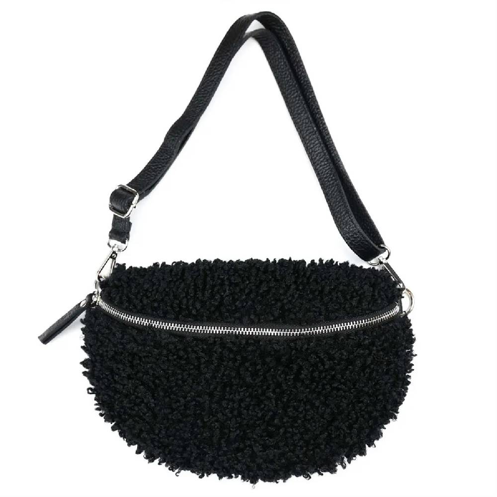 OBC Made in Italy Damen Teddyfell Tasche Leder Jeans Plüsch Bauchtasche Hüfttasche Schultertasche Bodybag Umhängetasche Crossbody Teddyplüsch Handytasche Crossbag Gürteltasche Begrenzt auf 3 Tage