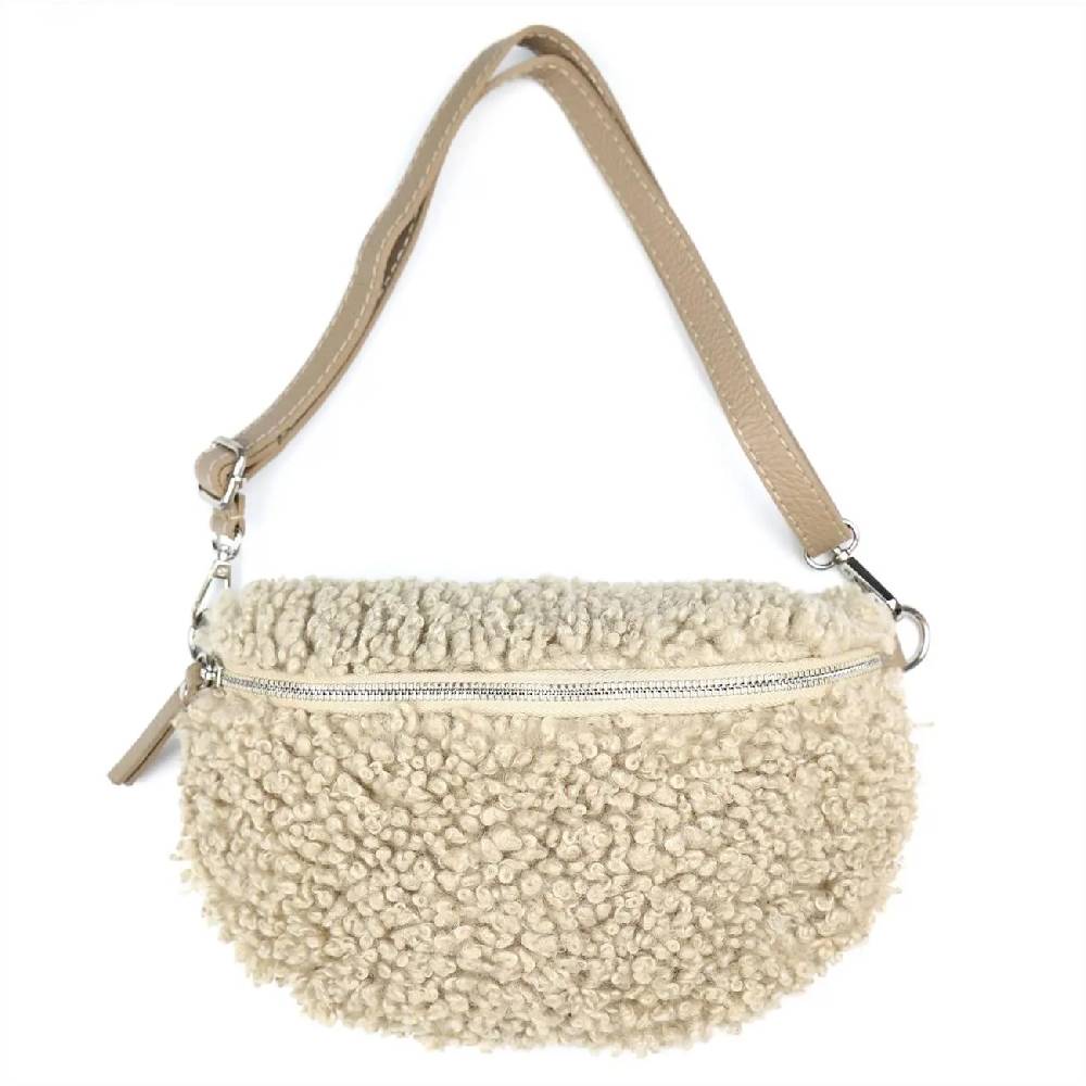 OBC Made in Italy Damen Teddyfell Tasche Leder Jeans Plüsch Bauchtasche Hüfttasche Schultertasche Bodybag Umhängetasche Crossbody Teddyplüsch Handytasche Crossbag Gürteltasche Begrenzt auf 3 Tage