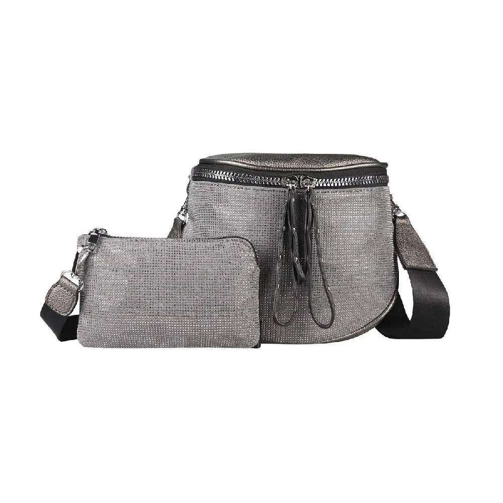 DAMEN TASCHEN SET 2in1 Schultertasche + Schmucktasche Strasssteine Umhängetasche Crossbody Crossover Leder Optik Handtasche Metallic Shopper Online