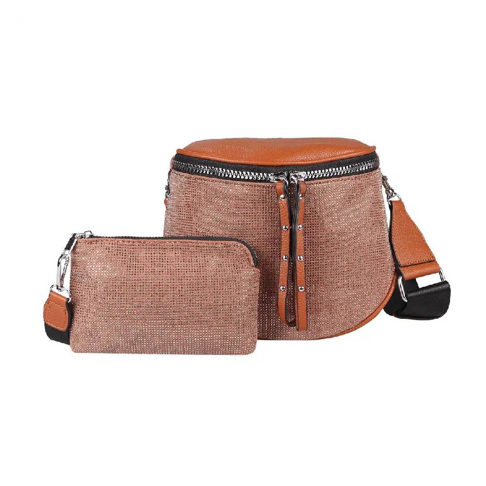 DAMEN TASCHEN SET 2in1 Schultertasche + Schmucktasche Strasssteine Umhängetasche Crossbody Crossover Leder Optik Handtasche Metallic Shopper Online