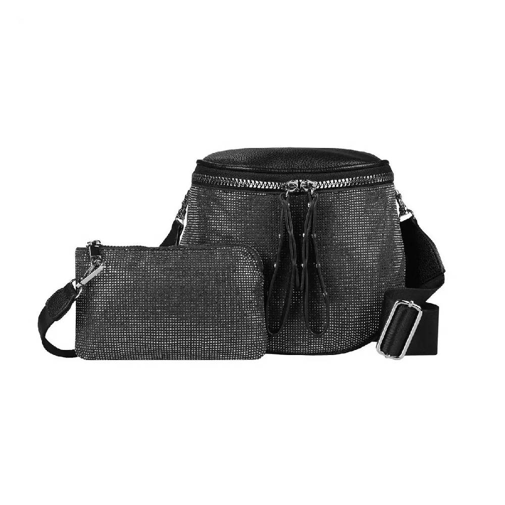 DAMEN TASCHEN SET 2in1 Schultertasche + Schmucktasche Strasssteine Umhängetasche Crossbody Crossover Leder Optik Handtasche Metallic Shopper Online