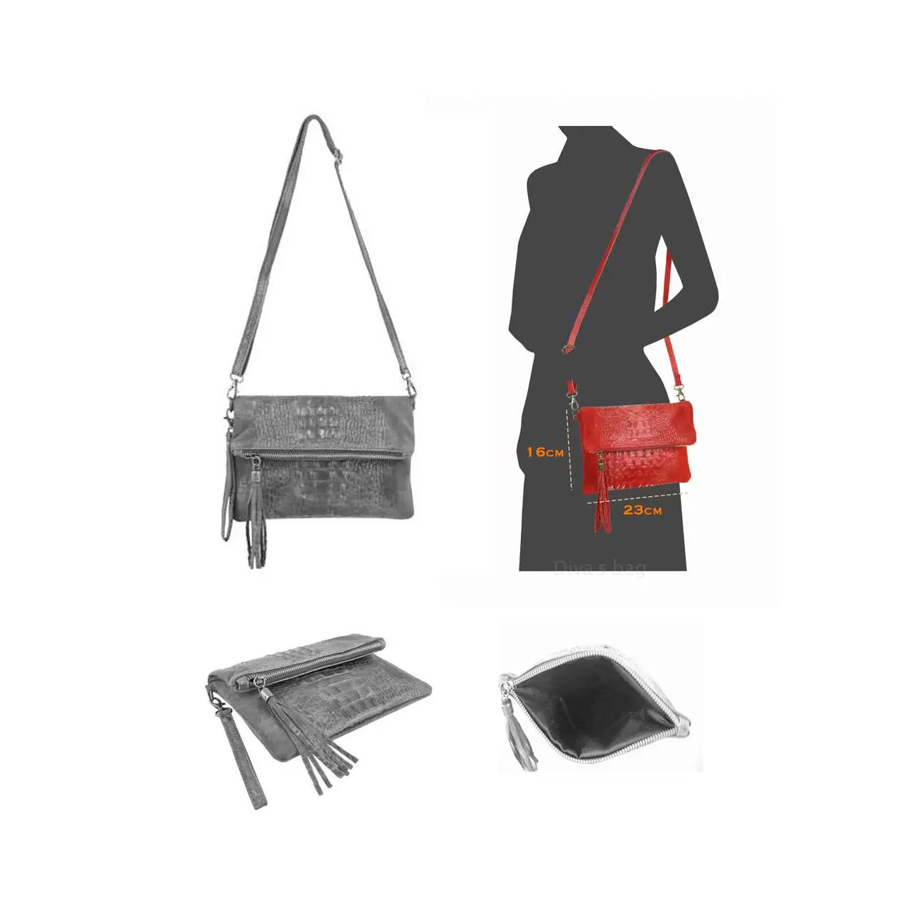 OBC Made in Italy DAMEN echt LEDER Clutch TASCHE Kroko Wildleder Handtasche Umhängetasche Ledertasche Schultertasche Fransen Cross-Over Günstiger Verkauf