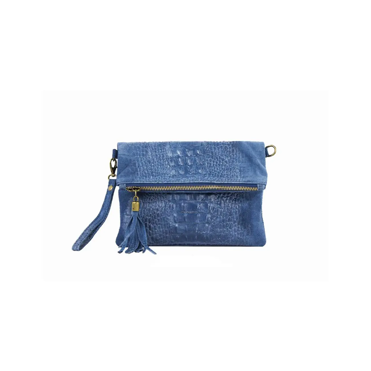 OBC Made in Italy DAMEN echt LEDER Clutch TASCHE Kroko Wildleder Handtasche Umhängetasche Ledertasche Schultertasche Fransen Cross-Over Günstiger Verkauf