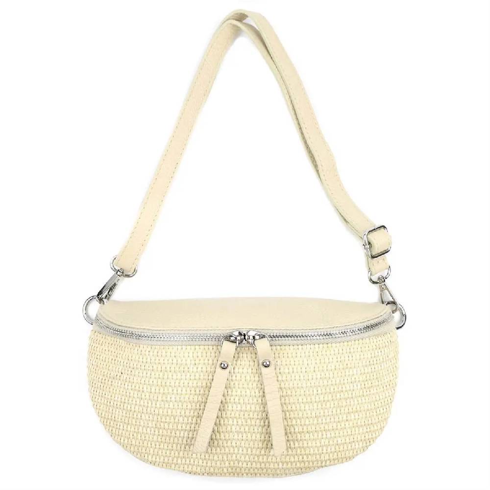 Made in Italy Damen Leder Tasche Basttasche Schultertasche Gürteltasche Sommer Strandtasche Crossbody Bauchtasche Umhängetasche Cross-Over Bodybag Handytasche Geflochten Bast Abendtasche Neuheiten