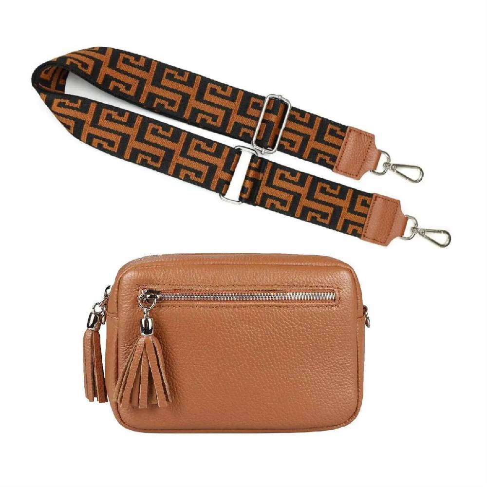 OBC Made in Italy DAMEN LEDER TASCHE mit extra breitem Zusatz Tragegurt Umhängetasche Schultertasche Beuteltasche Cross-Over Cross Bag Glattleder Schmucktasche Fransen Ledertasche 2025