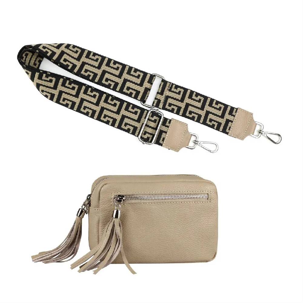 OBC Made in Italy DAMEN LEDER TASCHE mit extra breitem Zusatz Tragegurt Umhängetasche Schultertasche Beuteltasche Cross-Over Cross Bag Glattleder Schmucktasche Fransen Ledertasche 2025