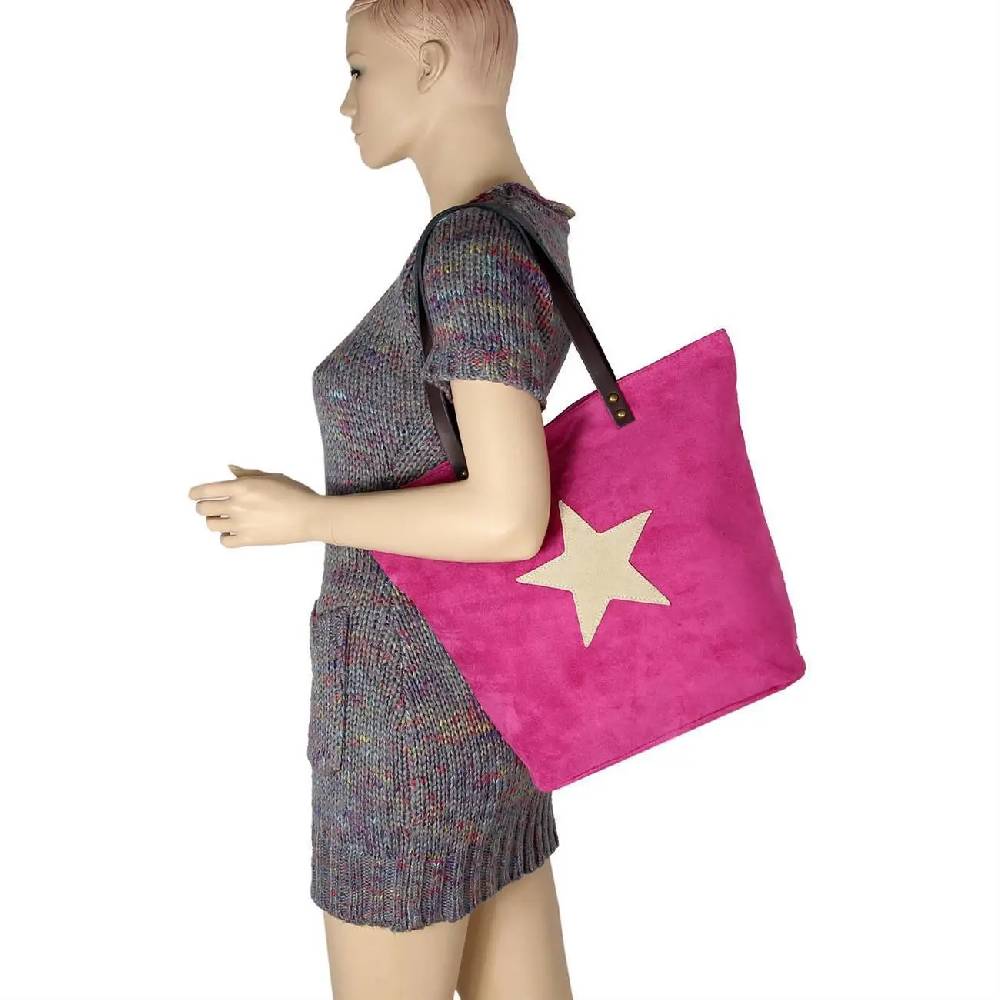 OBC Made in Italy Damen Tasche Leder Velourleder Wildleder Stern Shopper Schultertasche Umhängetasche Exklusive Angebote
