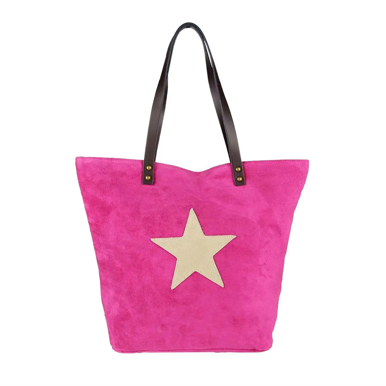 OBC Made in Italy Damen Tasche Leder Velourleder Wildleder Stern Shopper Schultertasche Umhängetasche Exklusive Angebote