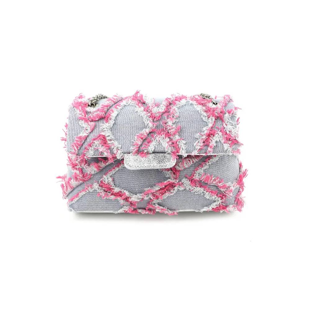 OBC MADE IN ITALY Damen Vintage Jeans Denim Leder Tasche Kettengriff Umhängetasche Clutch Jeanstasche Schultertasche Umhängetasche gesteppte Used Look Cross Over Body Bag zollfrei