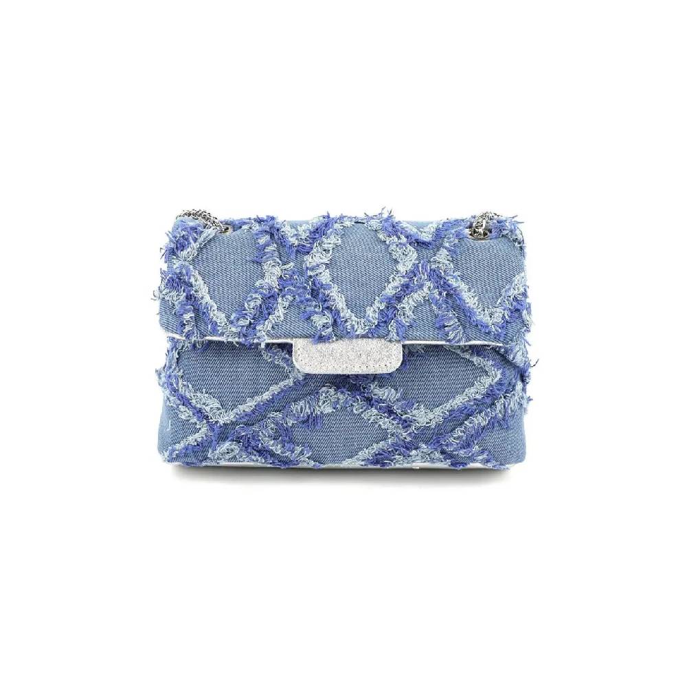 OBC MADE IN ITALY Damen Vintage Jeans Denim Leder Tasche Kettengriff Umhängetasche Clutch Jeanstasche Schultertasche Umhängetasche gesteppte Used Look Cross Over Body Bag zollfrei