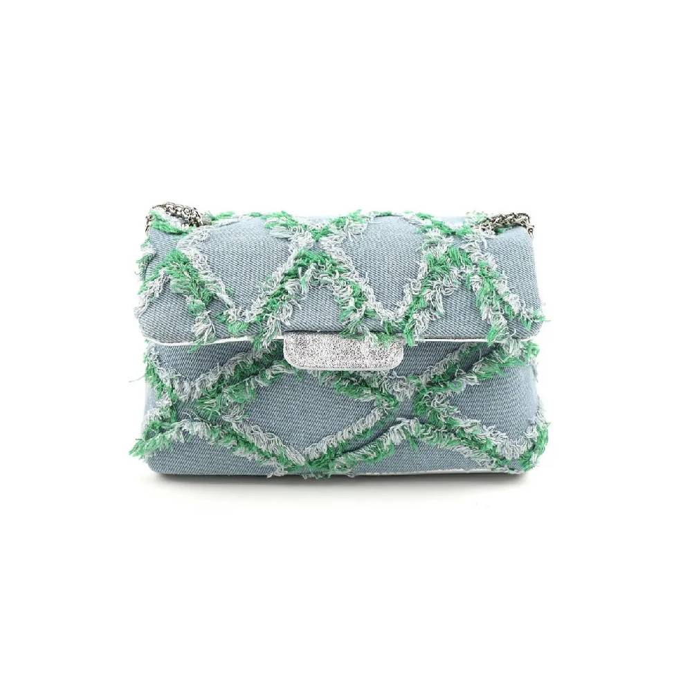 OBC MADE IN ITALY Damen Vintage Jeans Denim Leder Tasche Kettengriff Umhängetasche Clutch Jeanstasche Schultertasche Umhängetasche gesteppte Used Look Cross Over Body Bag zollfrei