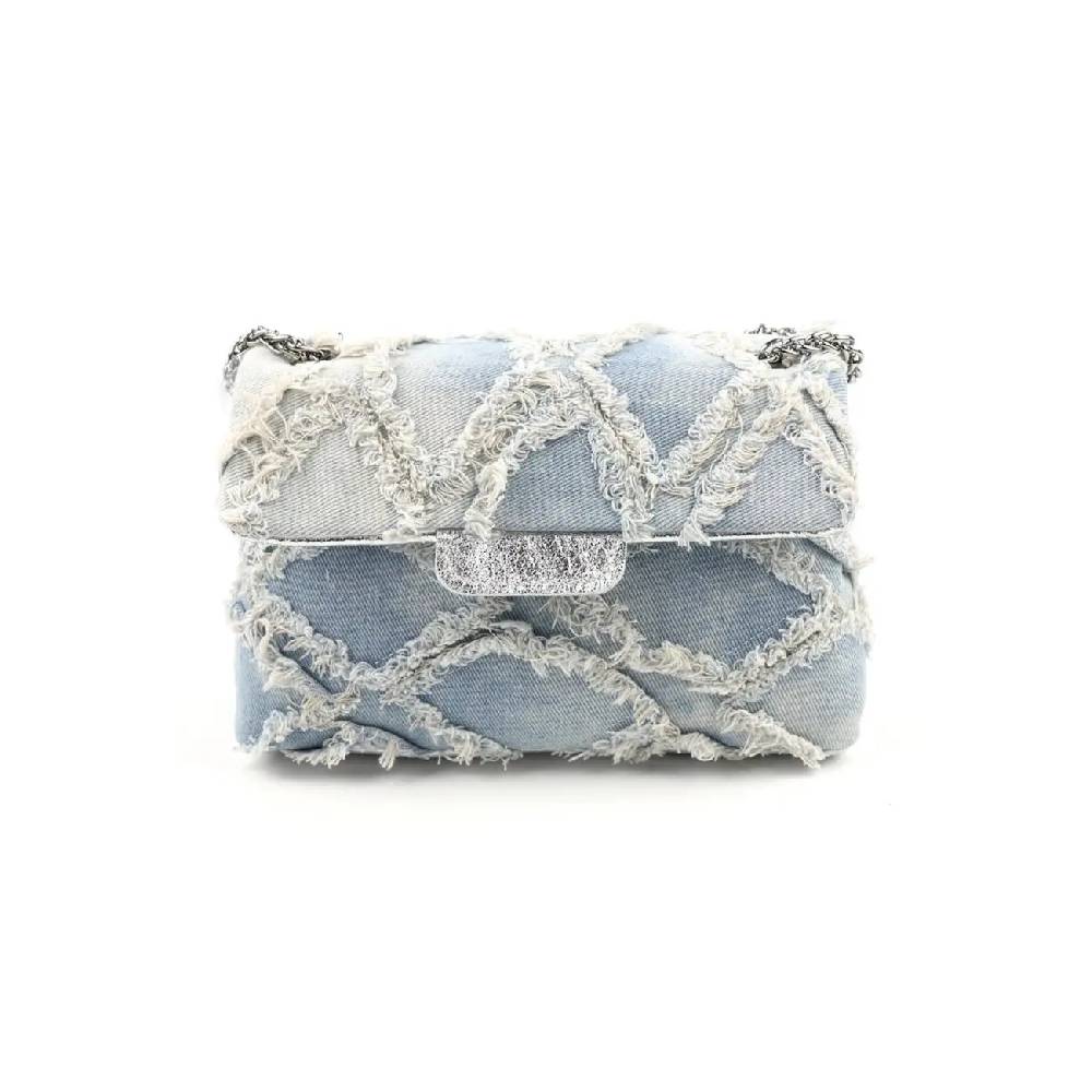 OBC MADE IN ITALY Damen Vintage Jeans Denim Leder Tasche Kettengriff Umhängetasche Clutch Jeanstasche Schultertasche Umhängetasche gesteppte Used Look Cross Over Body Bag zollfrei