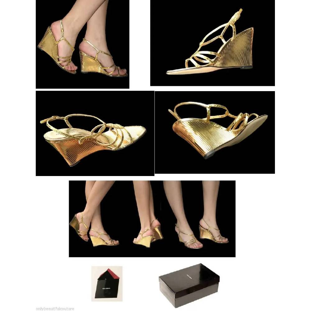 Dolce & Gabbana D&G HIGH HEELS Keil Sandalette Wedges Lederschuhe Schuhe Gold Schlussverkauf