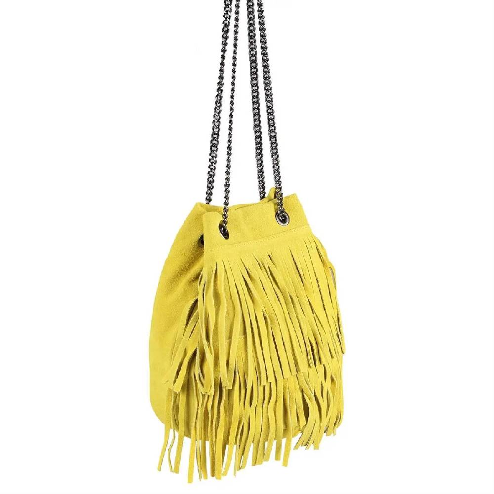 Made in Italy Damen Leder Tasche Fransen Shopper Kettentasche Beutel Wildleder Handtasche Umhängetasche Bucket Bag Schultertasche Ledertasche TR977 Osterangebot