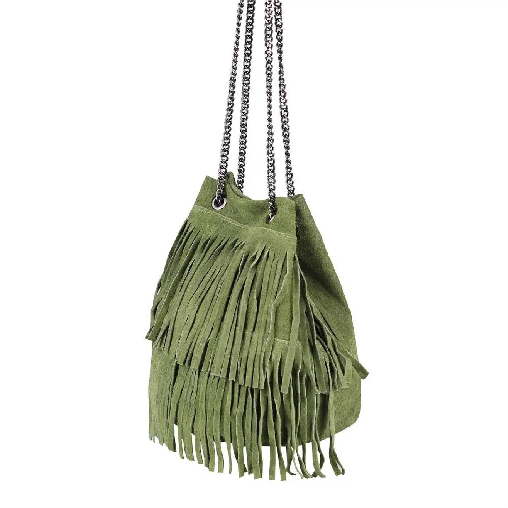 Made in Italy Damen Leder Tasche Fransen Shopper Kettentasche Beutel Wildleder Handtasche Umhängetasche Bucket Bag Schultertasche Ledertasche TR977 Osterangebot
