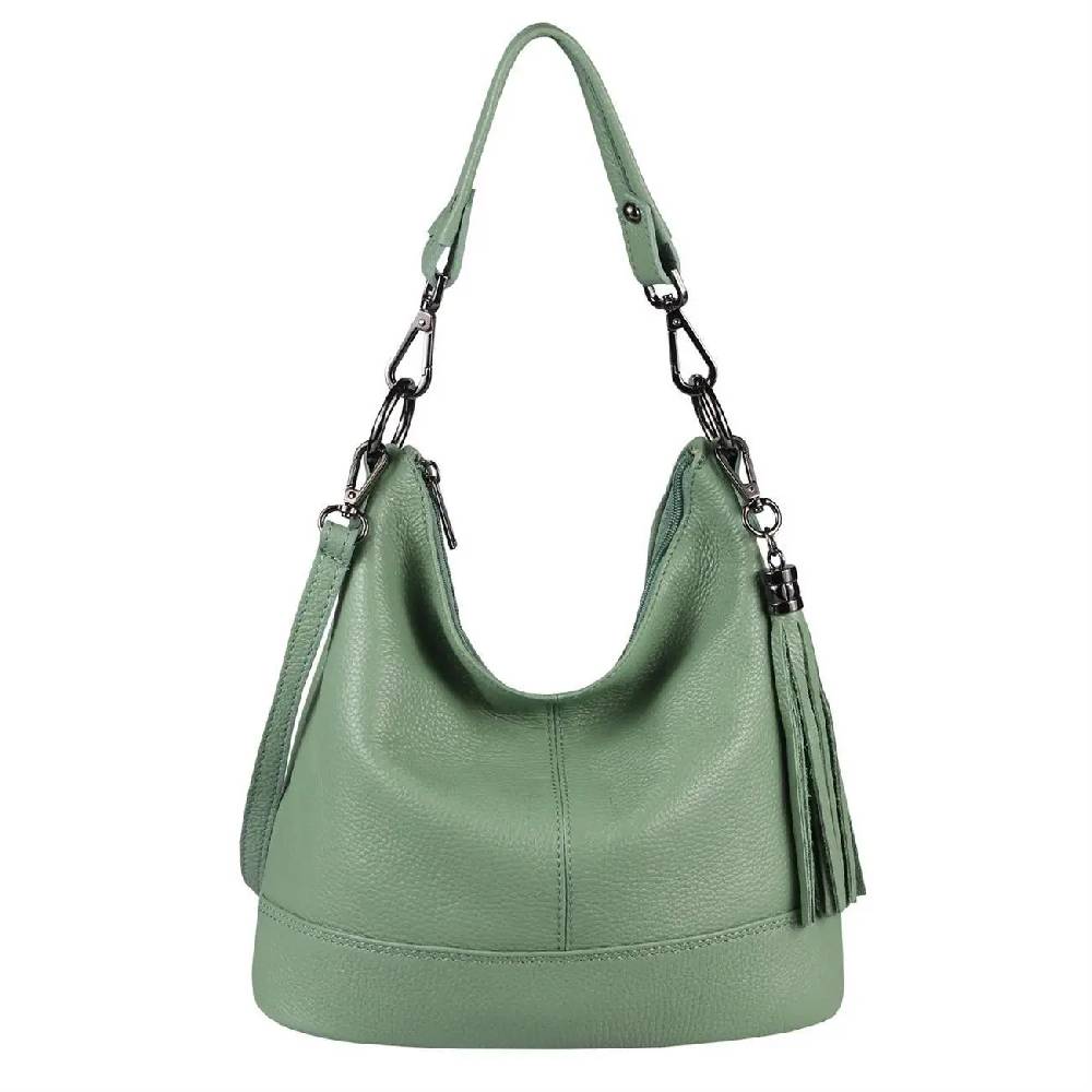 OBC Made in Italy Damen Leder Tasche Umhängetasche Shopper Schultertasche Handtasche Crossbody Hobo Bag Crossover Ledertasche Damentasche Fransen Valentinstagsangebot