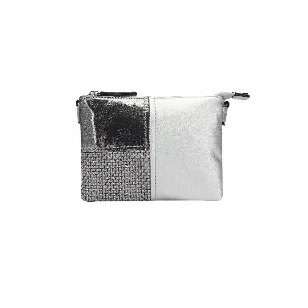 DAMEN 2xFach ABEND TASCHE CLUTCH POCHETTE Unterarmtasche Handtasche Schultertasche Umhängetasche Leder Optik Silbern Kauf eins, bekomm eins gratis