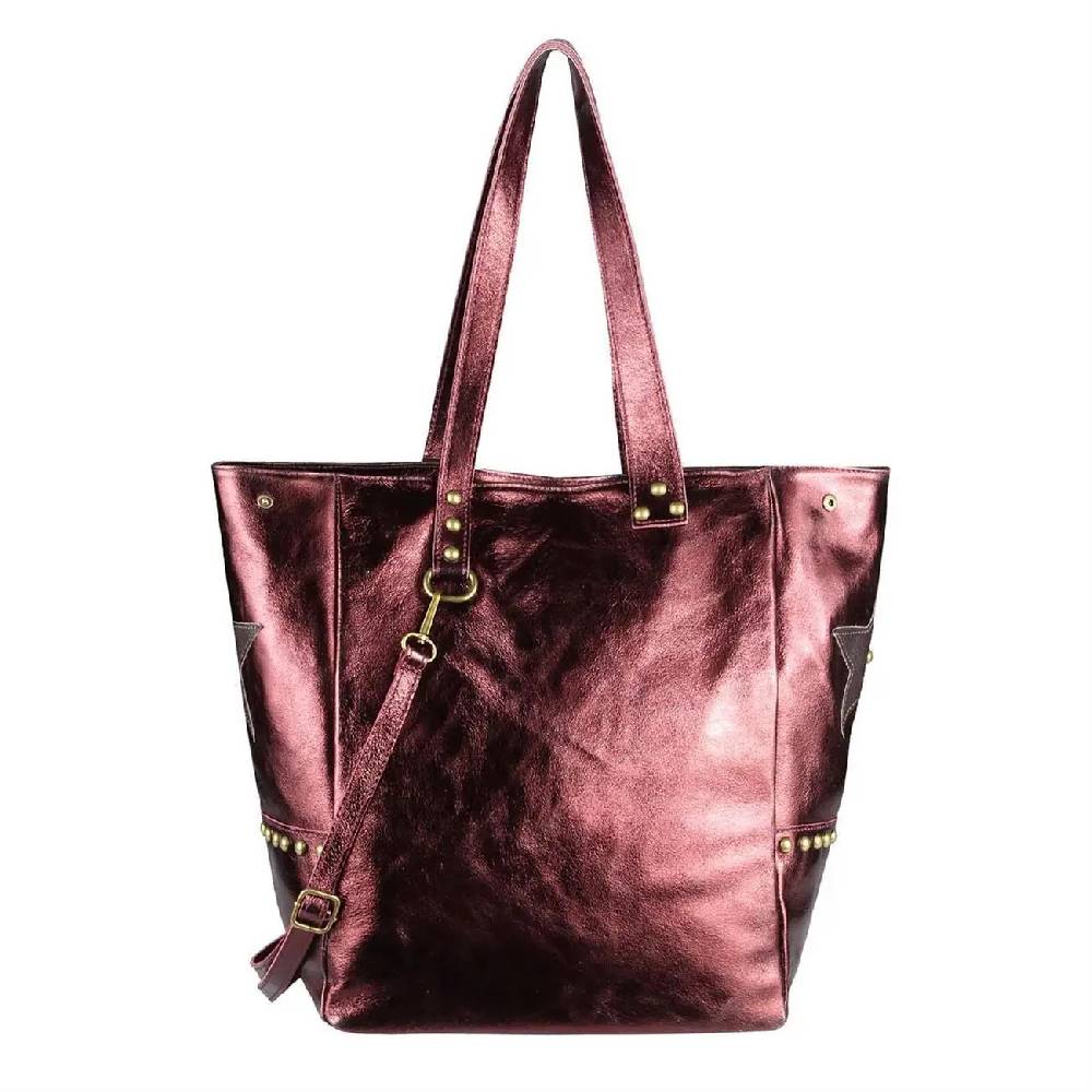 ITAL DAMEN Echt LEDER TASCHE Tote Bag Metallic Schultertasche DIN-A4 Shopper Handtasche Umhängetasche Crossbody Henkeltasche Beuteltasche Stern Nieten Riesige Ersparnisse