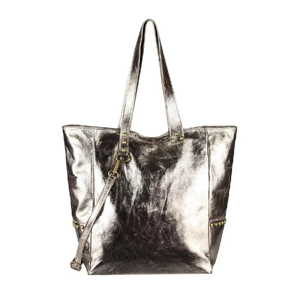 ITAL DAMEN Echt LEDER TASCHE Tote Bag Metallic Schultertasche DIN-A4 Shopper Handtasche Umhängetasche Crossbody Henkeltasche Beuteltasche Stern Nieten Riesige Ersparnisse