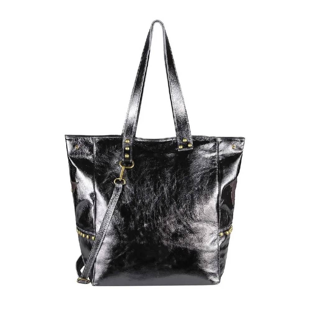 ITAL DAMEN Echt LEDER TASCHE Tote Bag Metallic Schultertasche DIN-A4 Shopper Handtasche Umhängetasche Crossbody Henkeltasche Beuteltasche Stern Nieten Riesige Ersparnisse