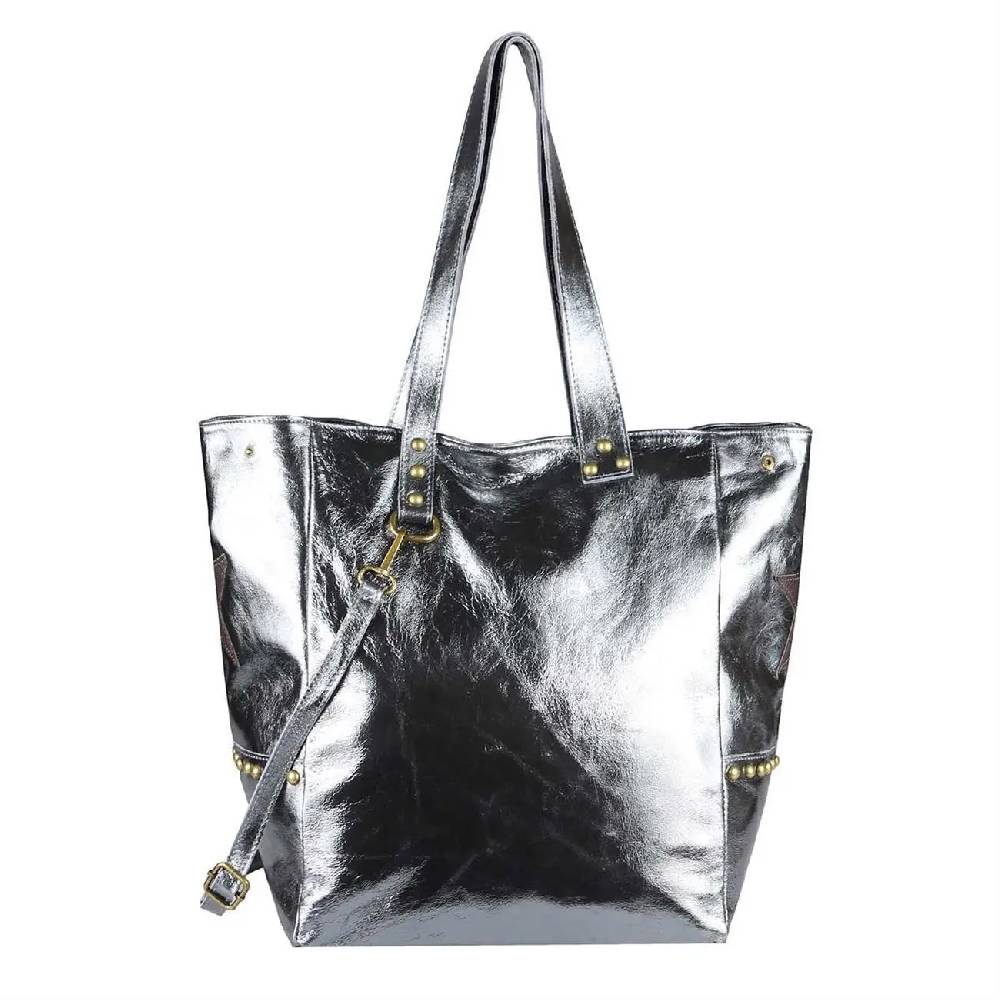 ITAL DAMEN Echt LEDER TASCHE Tote Bag Metallic Schultertasche DIN-A4 Shopper Handtasche Umhängetasche Crossbody Henkeltasche Beuteltasche Stern Nieten Riesige Ersparnisse