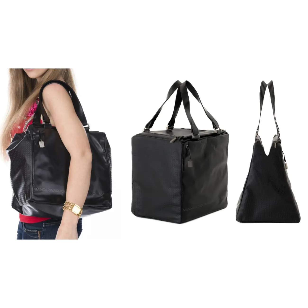 Mandarina Duck Desire Pelle Pferdeleder Koffer Handtasche Sporttasche Henkeltasche Reisetasche Tasche Bag Schwarz 30x29x22 cm (BxHxT) Super Sparpreis