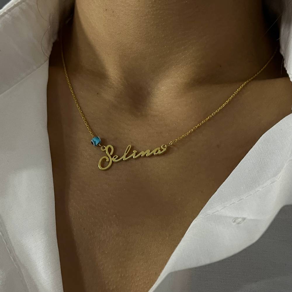 Kardelen Signatur Kette - Waagerecht mit Blaue Nazar Auge - 925 SILBER Wochenangebot