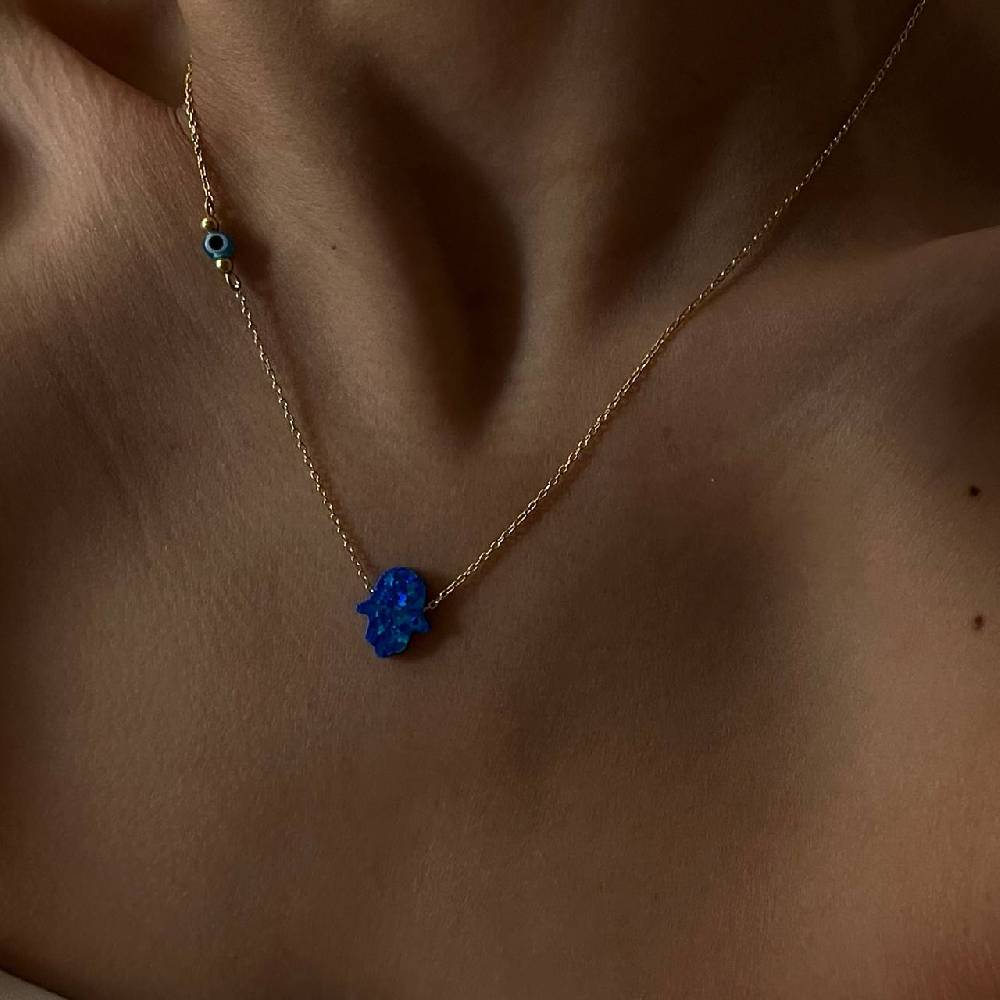 Kardelen Fatimas Hand Opal Kette mit Nazar Augenkette Dunkelblau - 925 SILBER Online