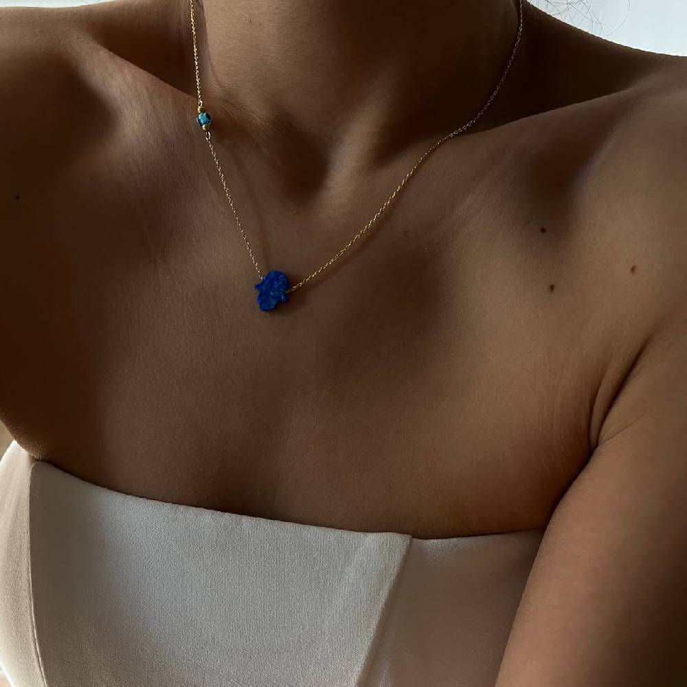 Kardelen Fatimas Hand Opal Kette mit Nazar Augenkette Dunkelblau - 925 SILBER Online