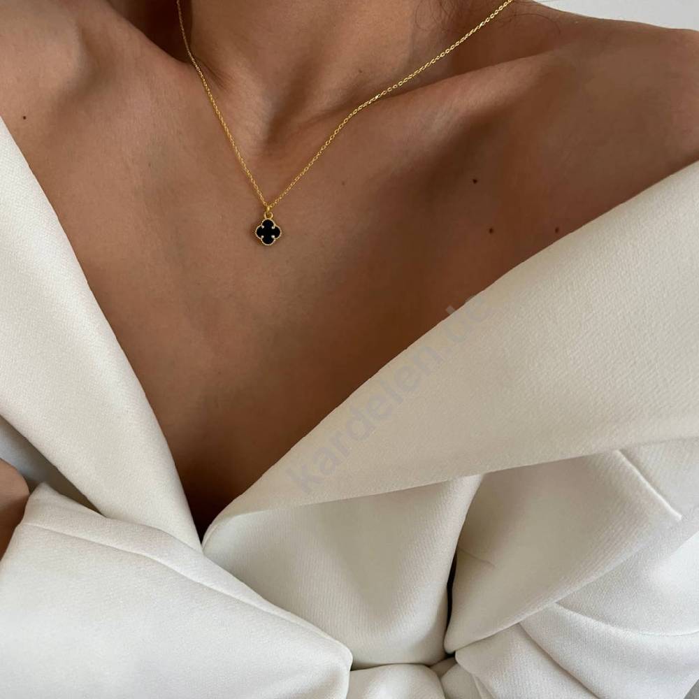 Kardelen 14K GOLD KLEE SCHWARZE HALSKETTE Letzte 3 Tage