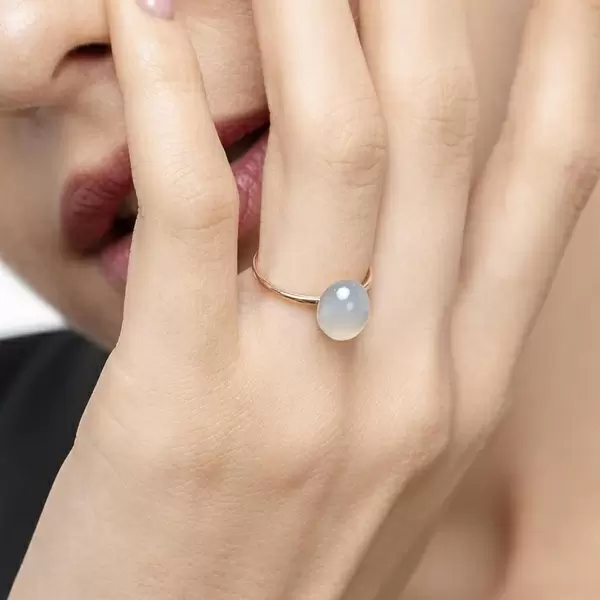 Leaf Jewelry Ring Cabochon II, 14 K Rosegold, Sea Blue Chalzedon Online Shopping