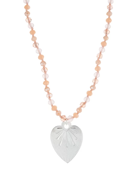 Leslii Lange Kette Herz Glasperlen Edelstahl Silber Beige 50% Rabatt für begrenzte Zeit