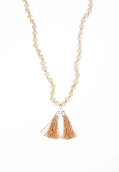 Leslii Lange Kette Tassel Glasperlen Edelstahl Silber Beige Rabatte dieses Monats