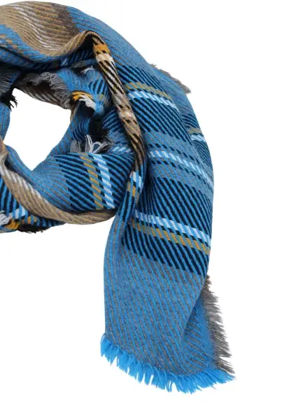 -50% SALE Leslii Schal Streifen-Muster blauer Schal Fransen-Schal gemustert in Blau Schwarz Fabrikladen