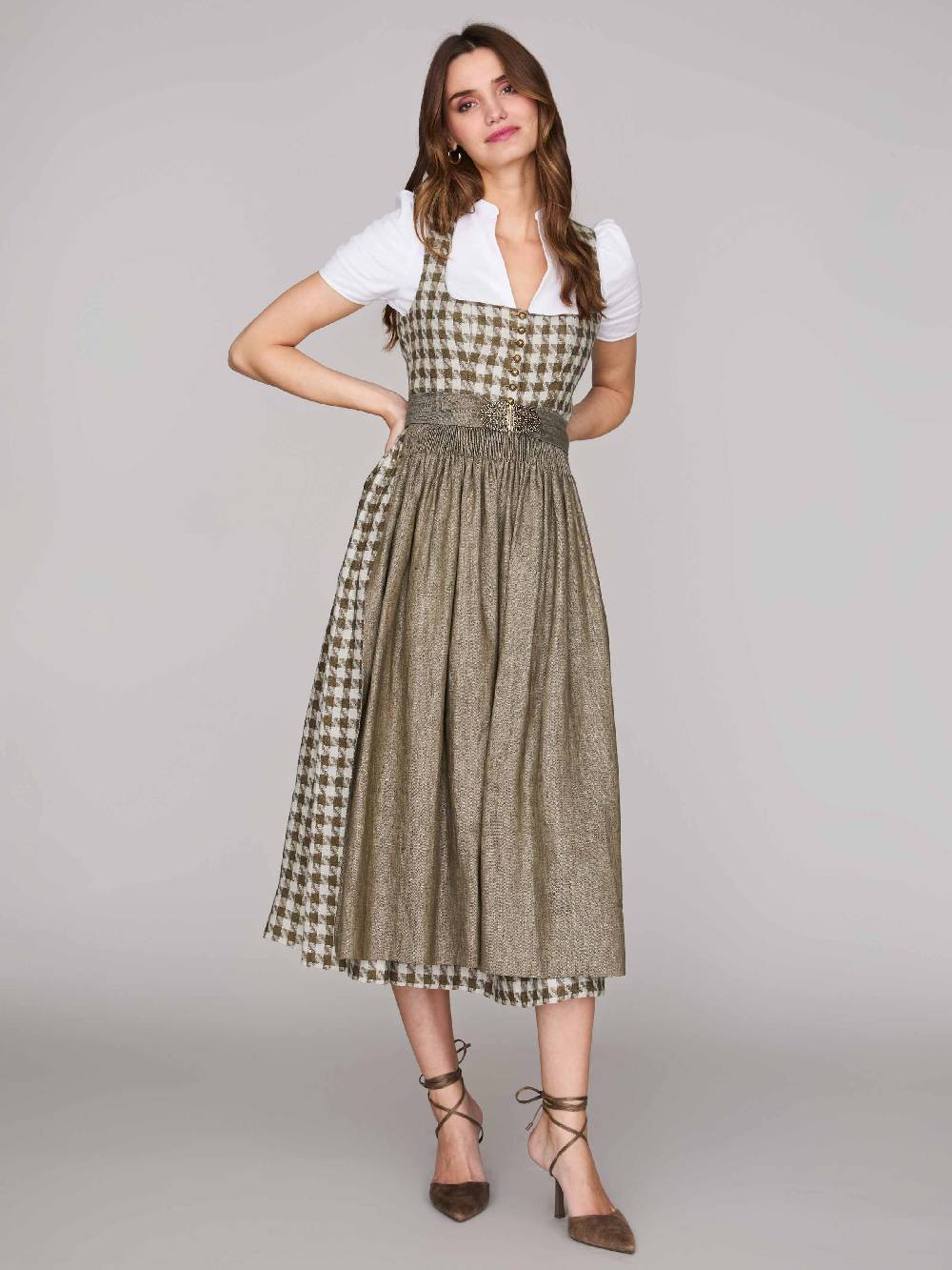 Limberry Grünes Leinen-Dirndl mit Hahnentrittmuster - MONIKA OLIV Neueste Stile