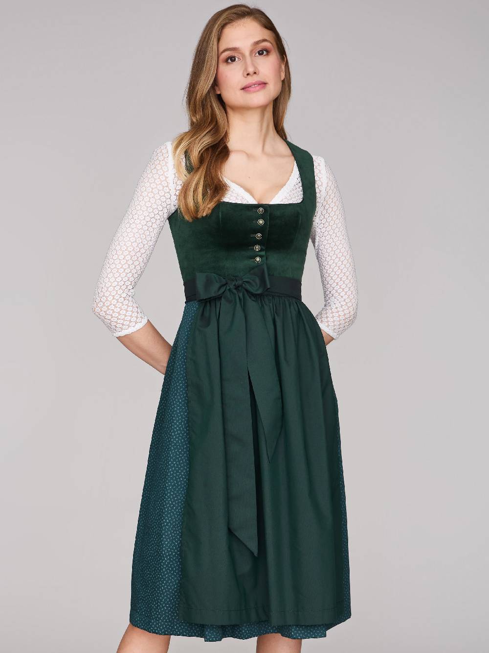 Limberry Dunkelgrünes Samt-Dirndl mit Knöpfen - LUCINDA PINE GROVE Schlussverkauf