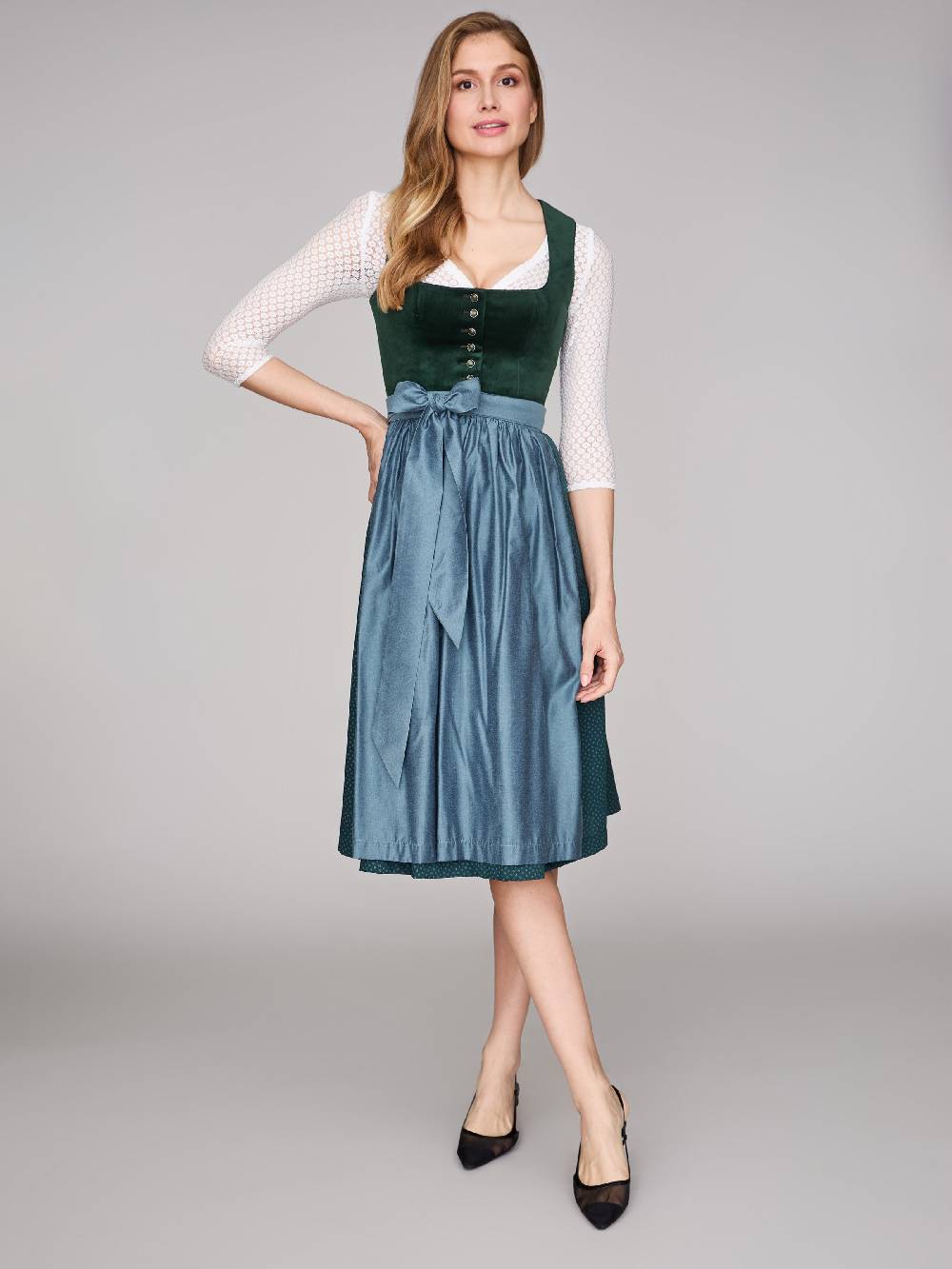 Limberry Dunkelgrünes Samt-Dirndl mit Knöpfen - LUCINDA PINE GROVE Schlussverkauf