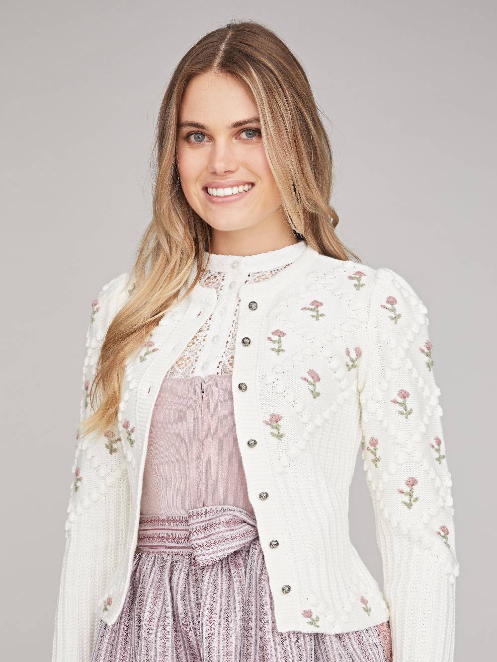 Limberry Cremeweiße Strickjacke mit rosa Blumenstickerei - ROMY