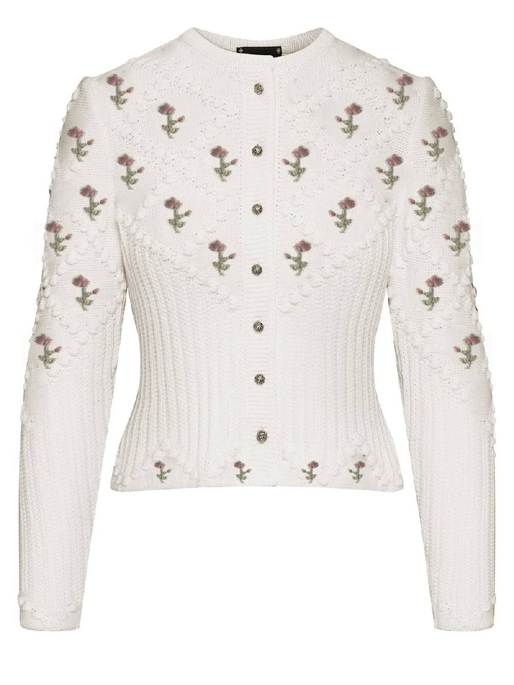 Limberry Cremeweiße Strickjacke mit rosa Blumenstickerei - ROMY Fabrikladen