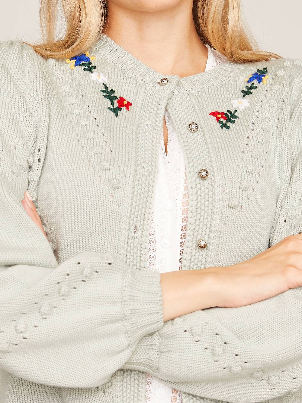 Limberry Strickjacke in Khaki mit Blumenstickerei - THERESA Günstiger Verkauf
