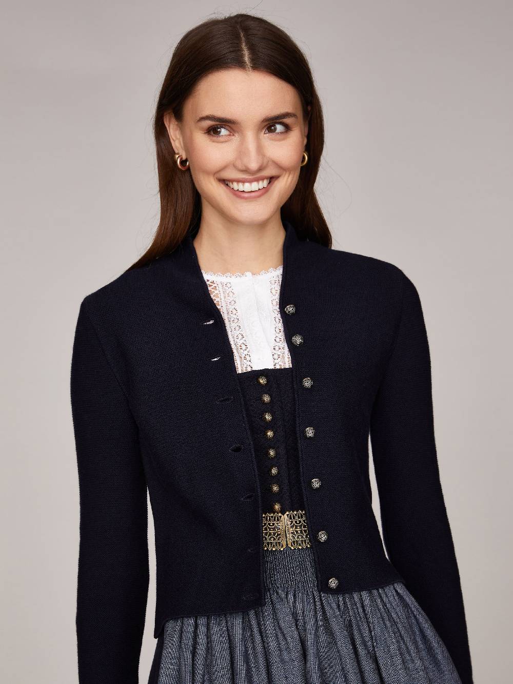 Limberry Dunkelblaue Trachten-Strickjacke mit Stehkragen - ANNA MARINE Begrenztes Angebot