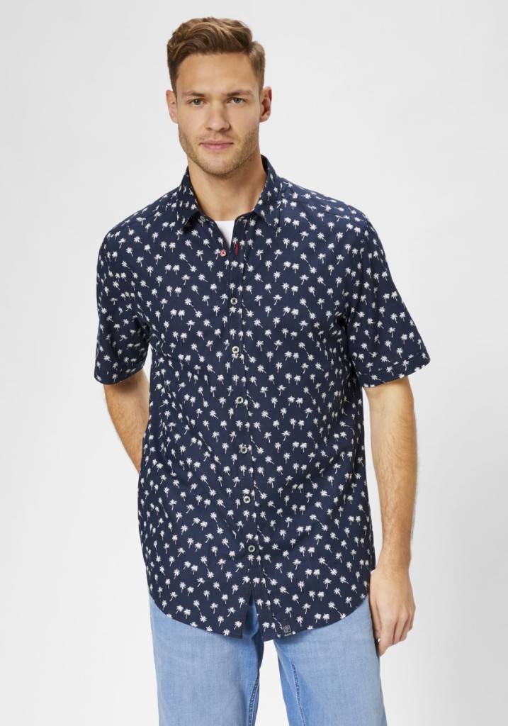 Paddocks Short sleeve shirt with all over palm print normale Passform - dark navy Muttertagsangebot