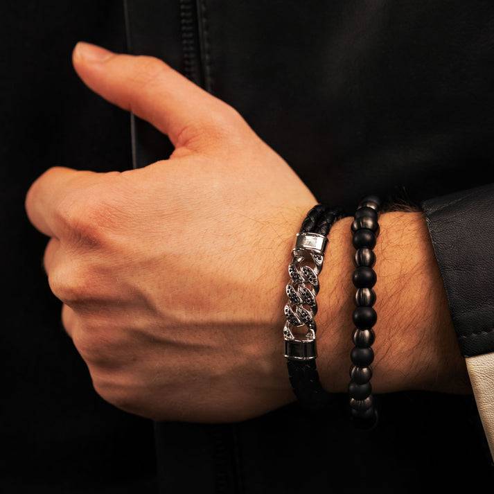 Save Brave Doppeltes Lederarmband Frank mit schwarzen Zirkoniasteinen Flash Sale