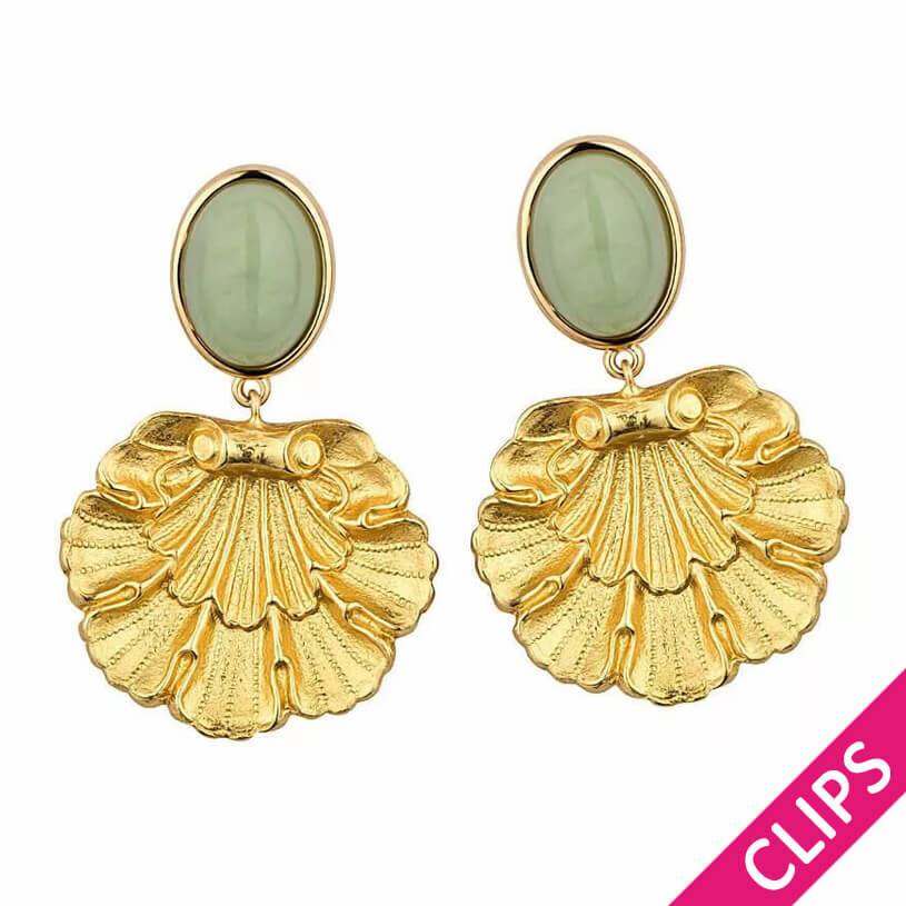 SchwesterSchwester Vergoldete Ohrclips in Jadegrün mit goldenem Muschelornament von AmuseToi Outlet