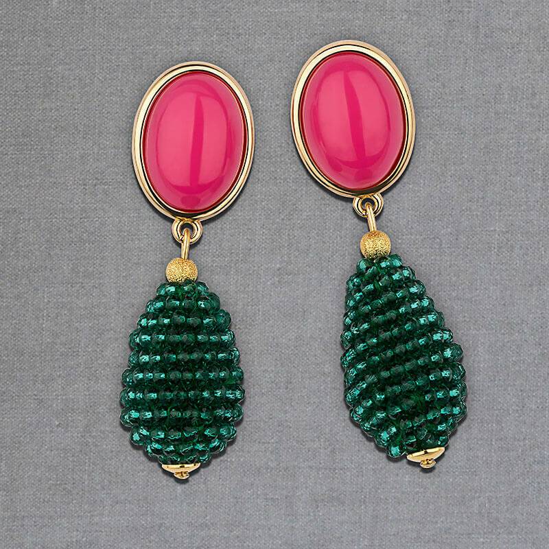SchwesterSchwester Pinkfarbene Ohrstecker mit glitzerndem dunkelgrünen Tropfen von AmuseToi Bis zu 60% Rabatt
