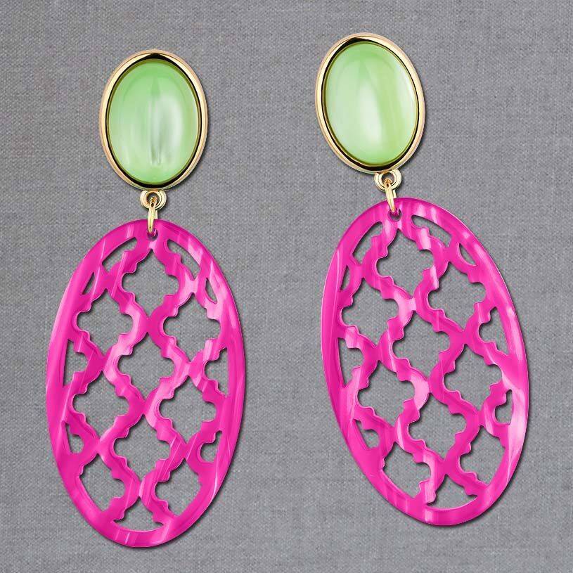 SchwesterSchwester Vergoldete Ohrstecker in wunderschönem Hellgrün mit Oval in Pink im Marrakesch-Stil Sonderangebot