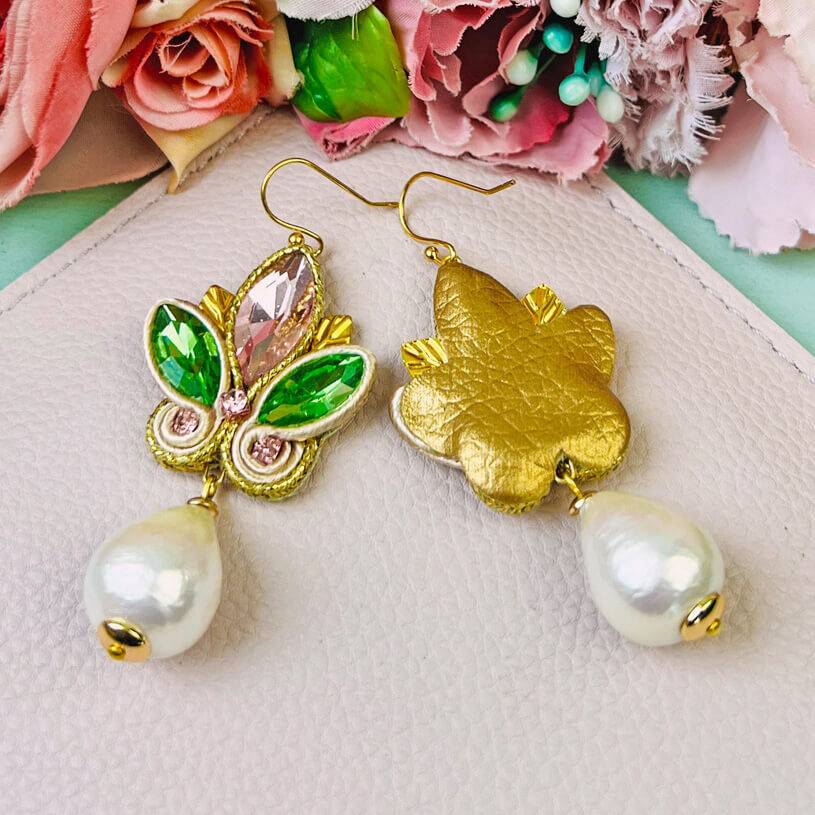 SchwesterSchwester Schöne Soutache-Ohrhänger in Rosa und Grün mit Baumwolltropfen Online Outlet