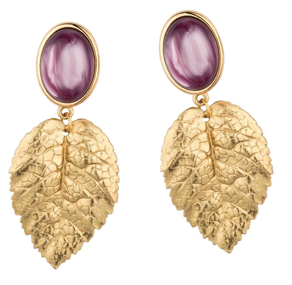 SchwesterSchwester Amethystfarbene Ohrstecker mit goldenem Blatt von AmuseToi Weihnachtsangebot