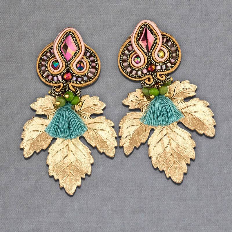 SchwesterSchwester Rosafarbene Soutache-Ohrstecker kleinen hellblauen Quasten und goldenen Blättern Große Rabatte