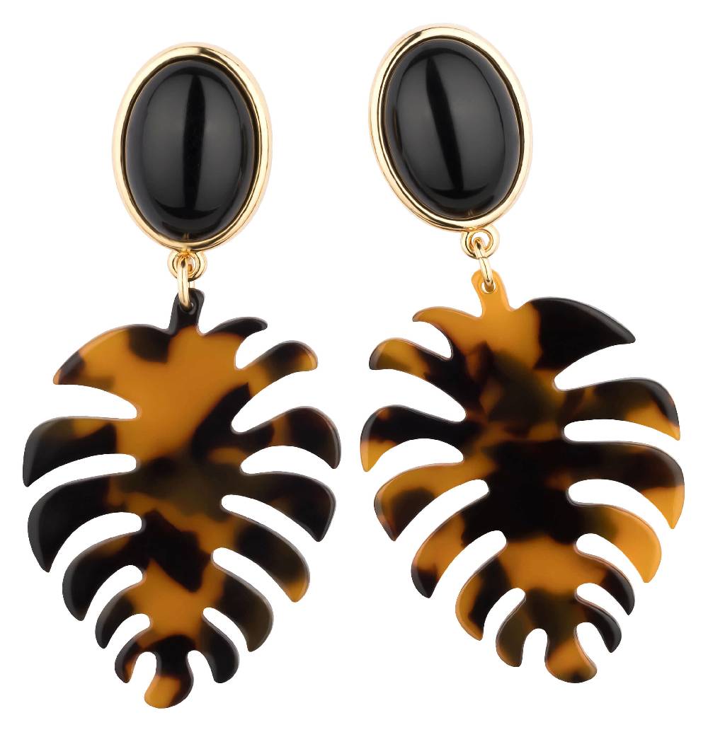 SchwesterSchwester Schwarze Ohrstecker mit schildpattfarbenem Monstera-Blatt von AmuseToi im Angebot